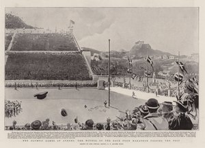 De Olympische Spelen in Athene, de winnaar van de marathonrace passeert de finish door George Percy Jacomb Hood